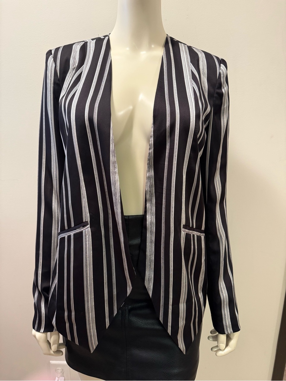 BCBGeneration Black and White Striped Open-Front Blazer